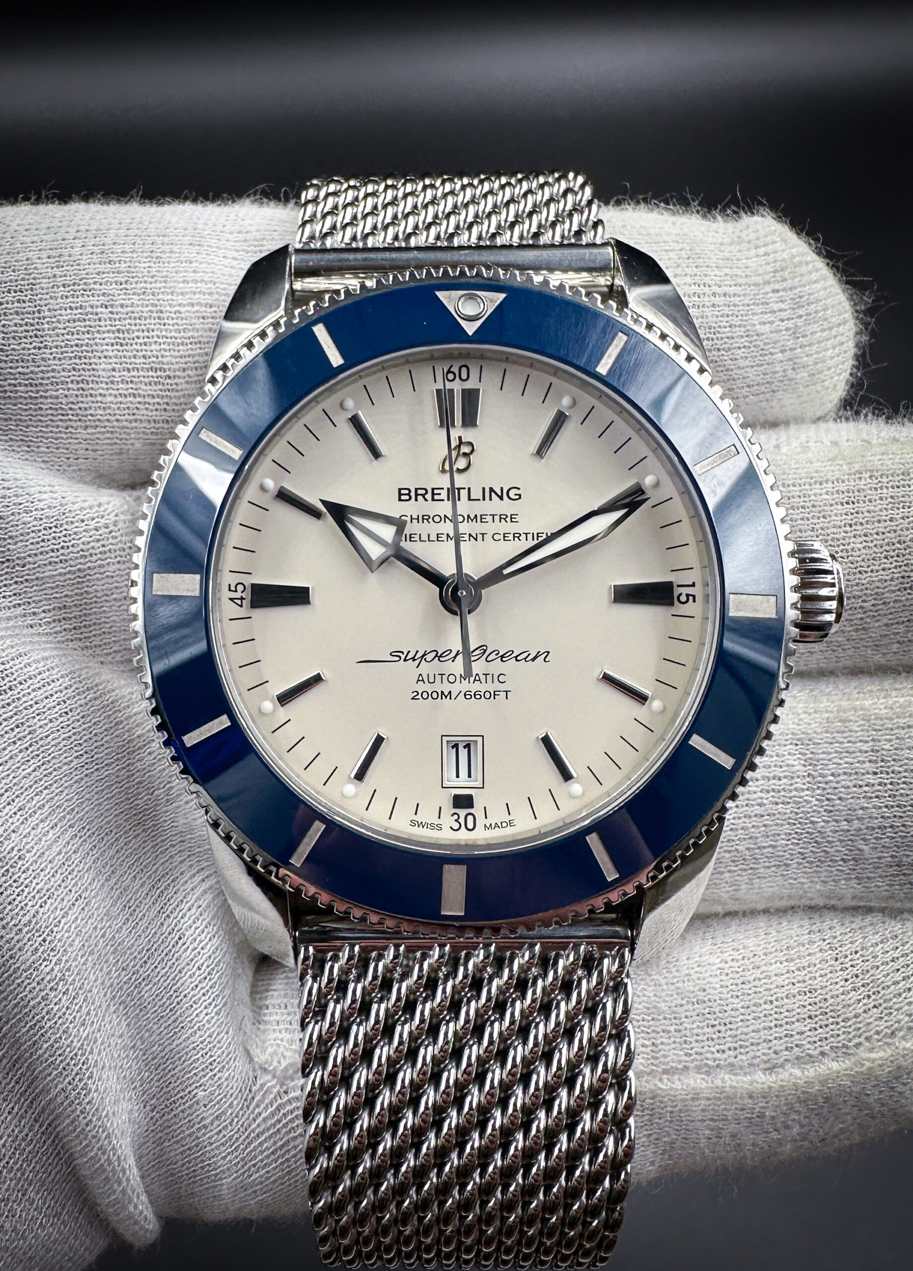 Breitling Superocean Heritage II Automatic 46 in a 46mm stainless steel case, featuring the Breitling B20 automatic movement. This Breitling includes the warranty card, COSC certification, and booklets.