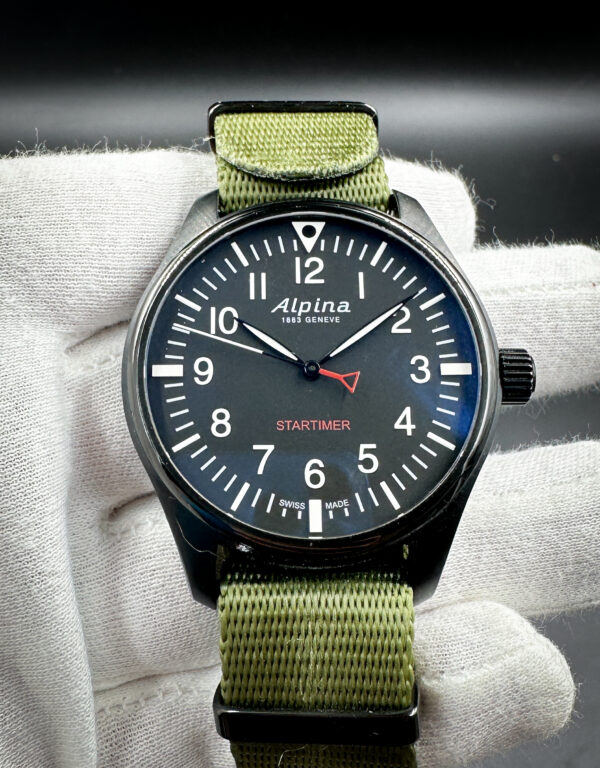 Alpina Startimer Pilot AL-235B4FBS6 in a 42mm PVD Coated stainless steel case, featuring the Alpina AL240 quartz movement. This Alpina has been tested in excellent working order, with a new battery installed Jun 2025.