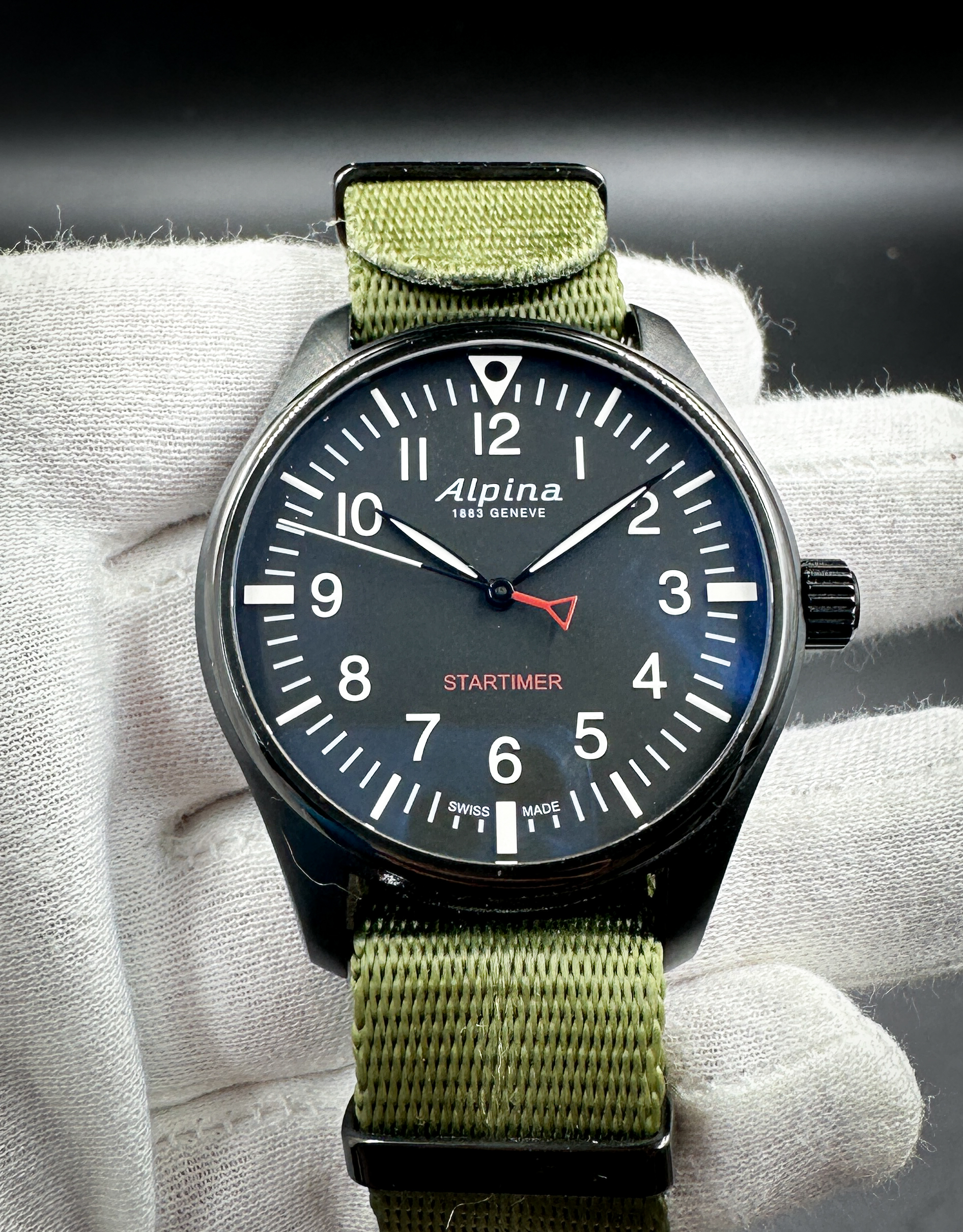 Alpina Startimer Pilot AL-235B4FBS6 in a 42mm PVD Coated stainless steel case, featuring the Alpina AL240 quartz movement. This Alpina has been tested in excellent working order, with a new battery installed Jun 2025.