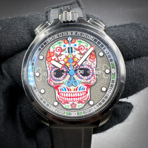 Bomberg BS45CHPBA.060-2.11 Limited Edition Pink Sugar Skull Chronograph in a 45mm PVD coated stainless steel case, featuring the Ronda Chrono 3540 quartz movement. This Bomberg has been tested in wonderful working order and is ready for wear or to be added a collection. Includes a new, black Wrist Wraith travel case.