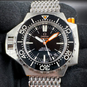 2007 Omega Seamaster Ploprof 224.30.55.21 in a 55 x 48mm Stainless Steel Case, featuring the Omega 8500 automatic movement. This PloProf includes the neoprene case, instruction booklet, Pictogram Card, Chronometer Certification, TLC Warranty Card, and three (3) additional links. This Omega has been tested in excellent working order and is ready for wear.