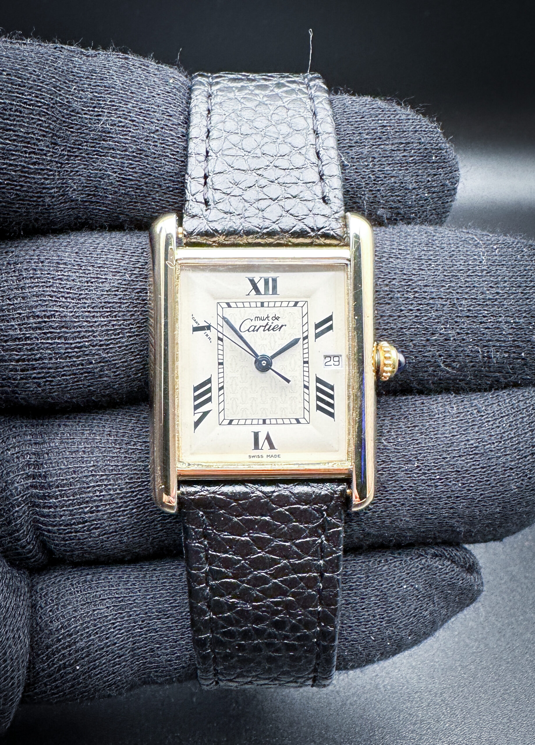 Vintage 1990's Cartier Must Tank XL in a 25 x 34mm yellow gold plated case, featuring the Cartier 87.06 quartz movement. This Cartier includes the original case, booklet, and open warranty cards.  Serial Number: 6367XXXX
