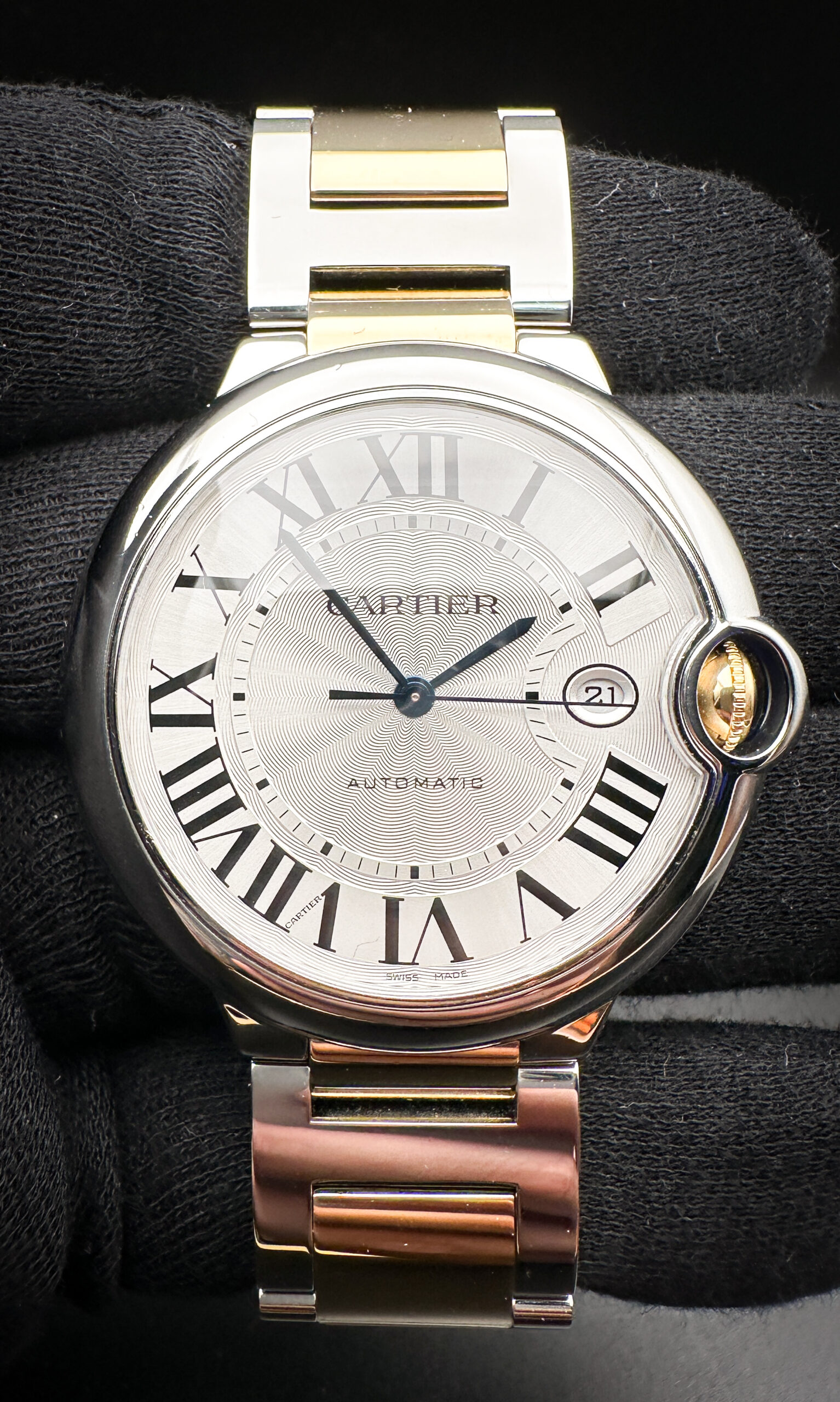 Cartier Ballon Bleu W2BB0031 in a 42mm stainless steel and yellow gold case. This Cartier includes the original box, booklets, warranty card, receipt, and one (1) additional link. Serial Number: 3765279XXXX