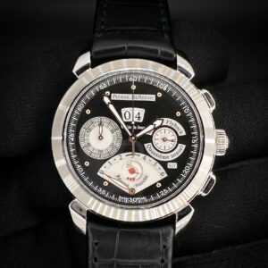 Pierre DeRoche Grandcliff Annual Calendar Flyback Chronograph GRC10001ACIO-SPEC in a 42mm stainless steel case, featuring the PDR-4006 automatic movement. This Grandcliff Calendar is in like-new, unworn condition and includes: outer box, inner case, and operating instructions. 