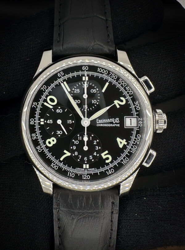 New Eberhard and Co. Traversetolo Chronograph 31051 in a 43mm stainless steel case, featuring the ETA A07.211 automatic movement. This Eberhard includes the watch, outer box, and inner travel case.