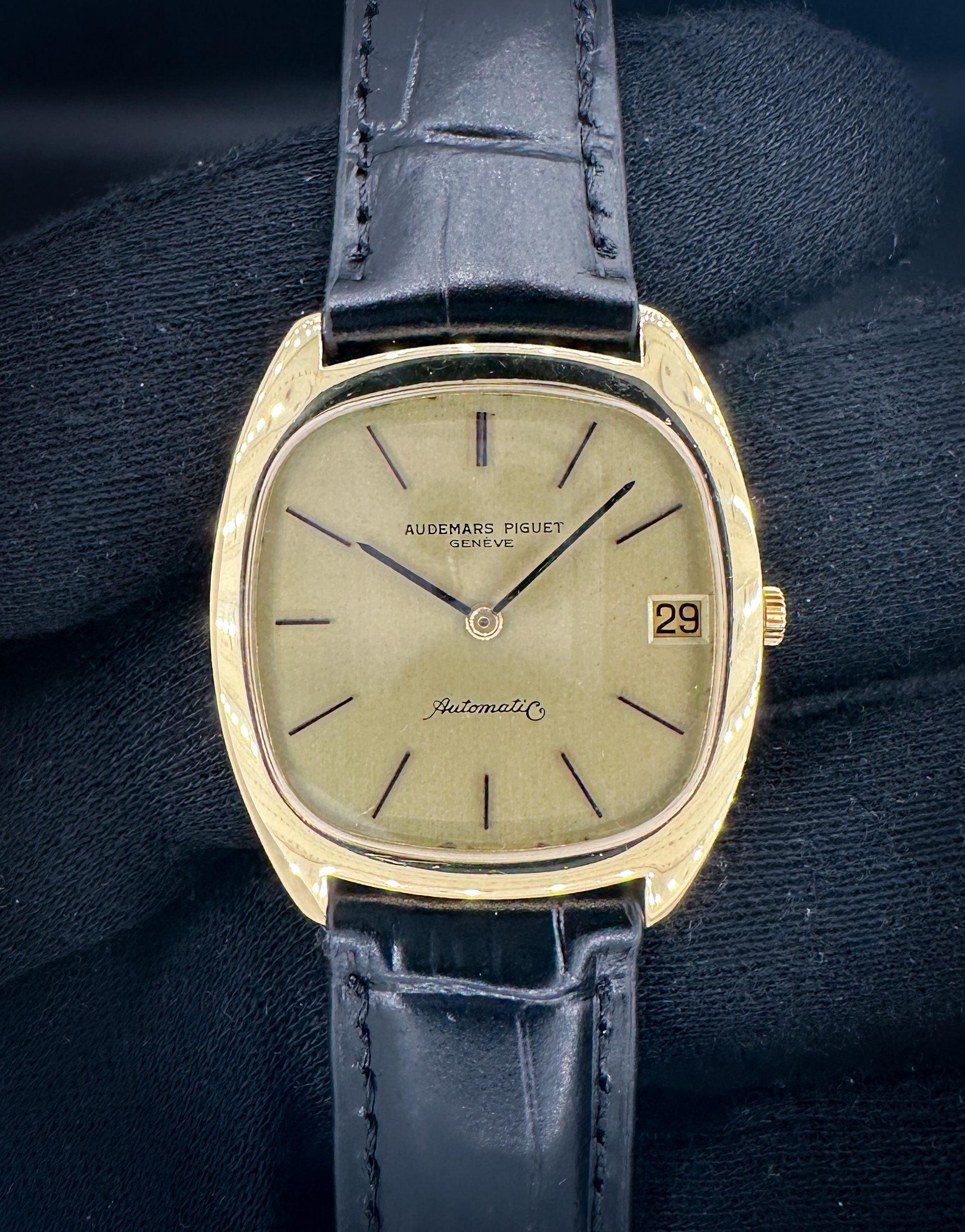 1970's Audemars Piguet BA 5420 in a 32 x 37mm 18k yellow gold case, featuring the AP 2120 automatic movement. This AP has been tested in good working order and is ready for wear or to be added to a collection. Includes the original green-leatherette case. Case Serial Number: 754XX