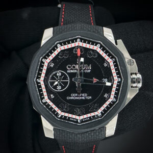 New, unworn, Special Edition Corum Cup Seafender 44 Centro in a 44mm Titanium case, featuring the Corum caliber 961 automatic movement. This watch includes: outer box; inner wood case; leatherette folio; Admirals Cup card; Instruction manual; Service Manual; Warranty Card; and Chronometer Certificate card. Serial Number: 2278XXX