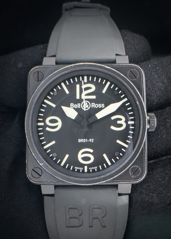 Bell and Ross BR01-92-S Diver in a 46mm square case, featuring the ETA 2892 automatic movement. This BR has been tested in excellent working order and is ready for wear. Includes a New Wrist Wraith watch roll, and a TLC Warranty/Authentication Card.