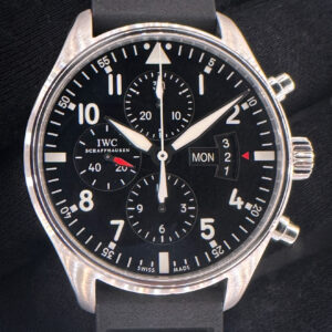 IWC Pilot Watch Chronograph IW377701 in a 43mm stainless steel case, powered by the IWC caliber 79320. This IWC has been tested in excellent working condition and is ready for wear or to be added to a collection. Includes: Black natural rubber strap; Red natural rubber strap; Black/Red NATO strap; Desert-Tan NATO Strap; Wrist Wraith Watch Roll; and TLC authentication/warranty card. Please note that all straps are aftermarket, new and unworn. The Original IWC Buckle is included and installed on the black strap. Case Serial Number: 5251XXX
