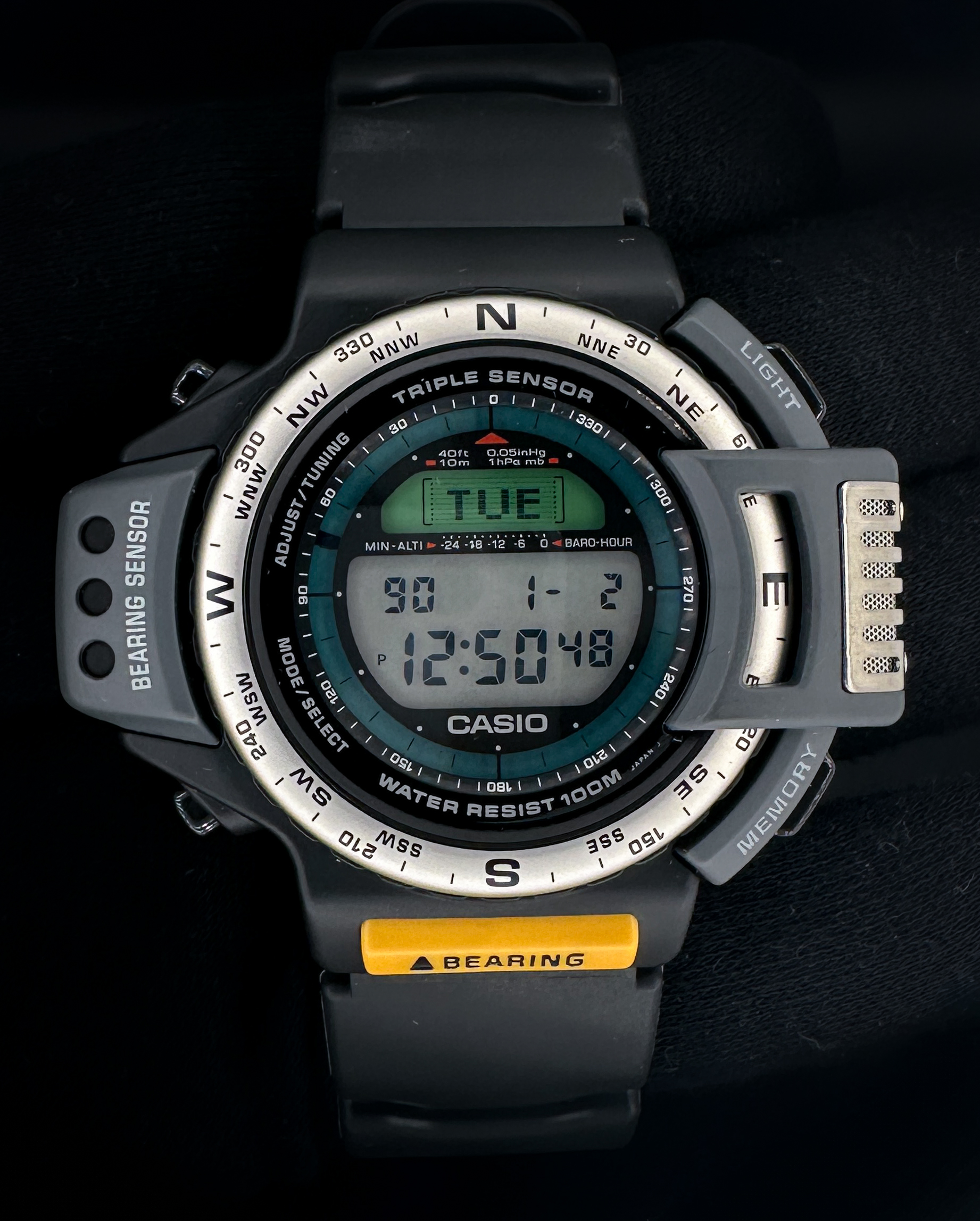 Vintage Casio Pathfinder ATC-1200 Multifunction quartz watch. This Casio is in new, unworn condition. New batteries were installed in November, 2025, with all functions operating as designed to include the light and alarm. Includes the original box and attached hang-tag. 
