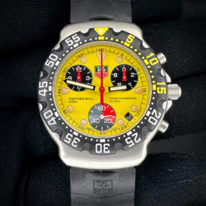 Vintage and Original c. 1997 TAG Heuer Formula 1 Chronograph CA1213 in a 38mm stainless steel case, powered by the quartz ETA 251.262. This TAG Heuer has a new battery installed November 2025, and all functions have been tested in excellent working order. Includes the original black rubber strap with the Tag Heuer stainless steel buckle, and inner case. Casebook Serial Number: BY54XX