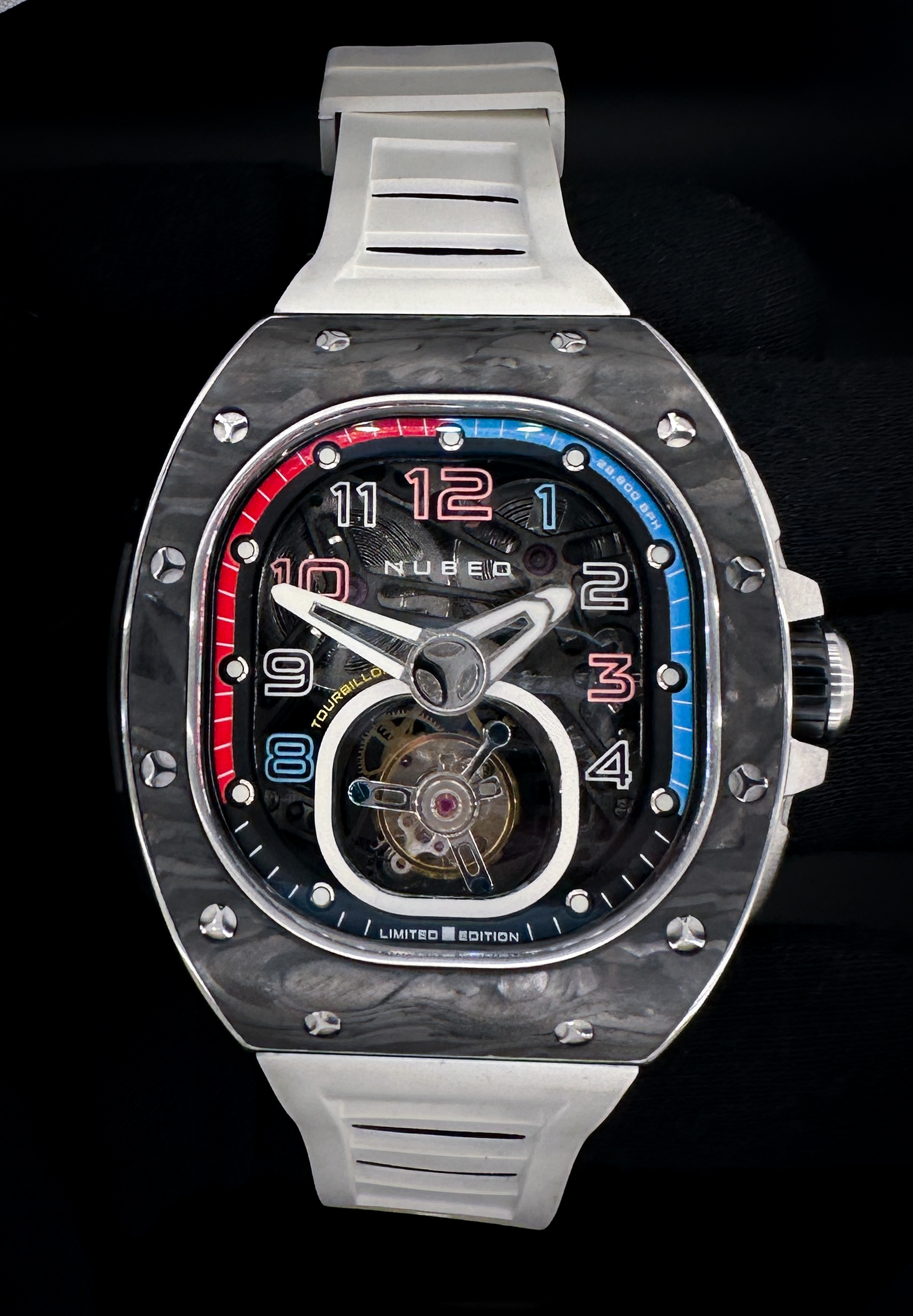 2025 Nubeo Viper Tourbillon NB-6108-06, Limited Edition #7 of 30, in a 44mm stainless steel and carbon fiber case, powered by the Nubeo tourbillon movement. This Nubeo includes: Outer Box; inner hard case; instruction booklet; limited edition card; hang-tags; and open warranty card.