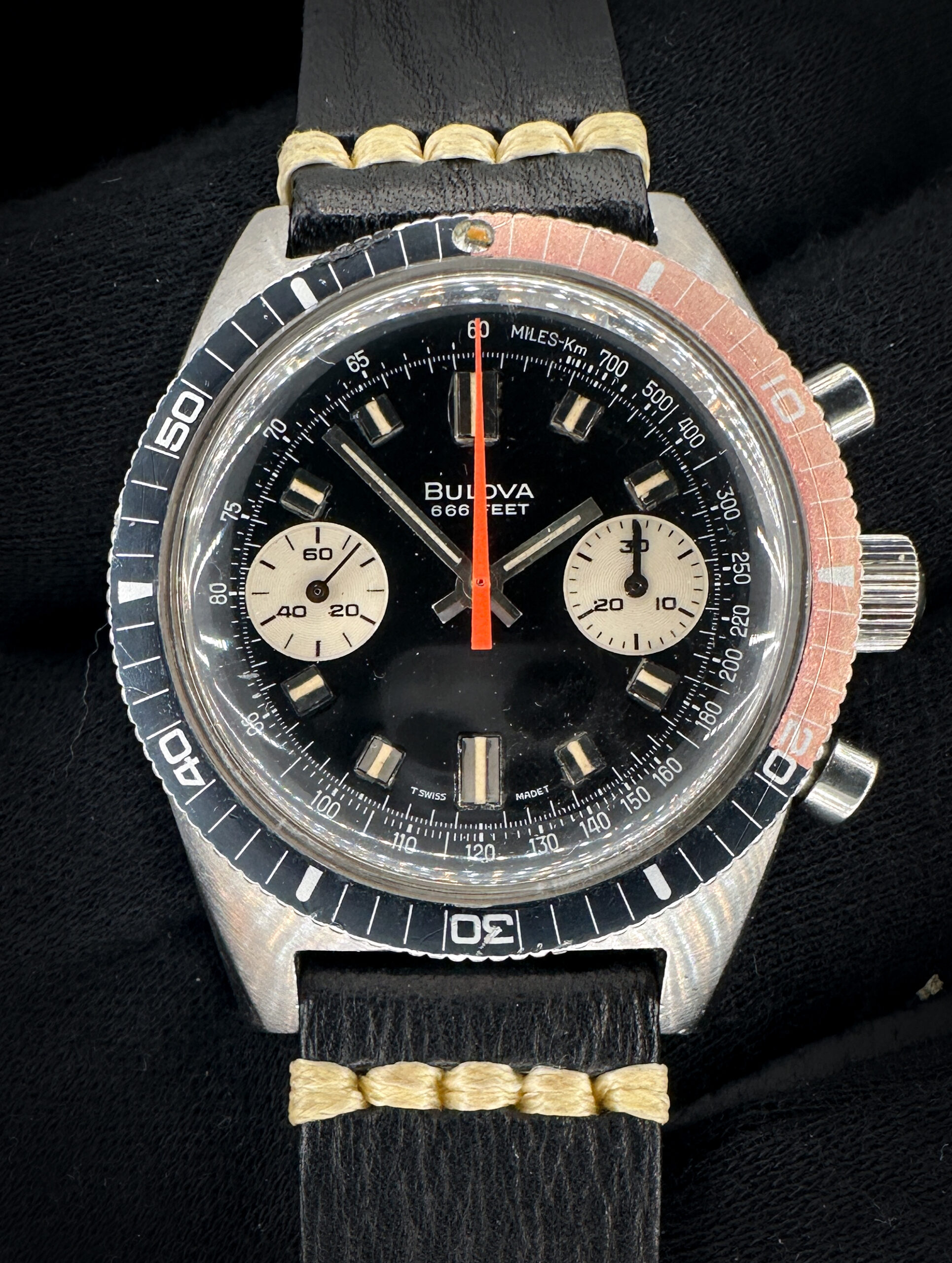 1970 (N0) Bulova "Devil Diver" Deep Sea "B" Chronograph 31003 in a 38mm stainless steel case, powered by the Bulova 14EB (Valjoux 7733) hand-wound movement. This Bulova has been tested in good working order with the chronograph resetting to zero. Please note that it may take two presses of the start/stop/reset buttons to center the hands at zero. Includes a new Wrist Wraith travel case and TLC authentication card. Casebook Serial Number: 6149XX
