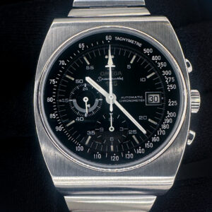 1973 Omega Speedmaster 125th Anniversary 378.0801 / 178.0002 in a 42x51mm stainless steel case, powered by the Omega caliber 1141 automatic chronograph movement. This Omega has been tested in excellent working order (+/- 4SPD / 281 amplitude / .2ms beat error). The interior caseback features three distinct service marks. This Speedmaster includes a red Omega travel box.