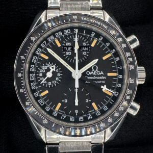 1995 c. Omega Speedmaster Day-Date Triple Calendar 3820.50.21 in a 39mm stainless steel case, featuring the Omega caliber 1151 automatic movement. This Speedmaster has been tested in excellent working order and is ready for wear or to be added to a collection. Includes the original Omega: outer box; inner case; leatherette wallet; service centres booklet; instruction book; hang tag (matching serial); and warranty card.  Accuracy Tested: +/- 2 Spd / 284 Amplitude / .1ms Beat Error Caseback Serial Number: 55423XXX