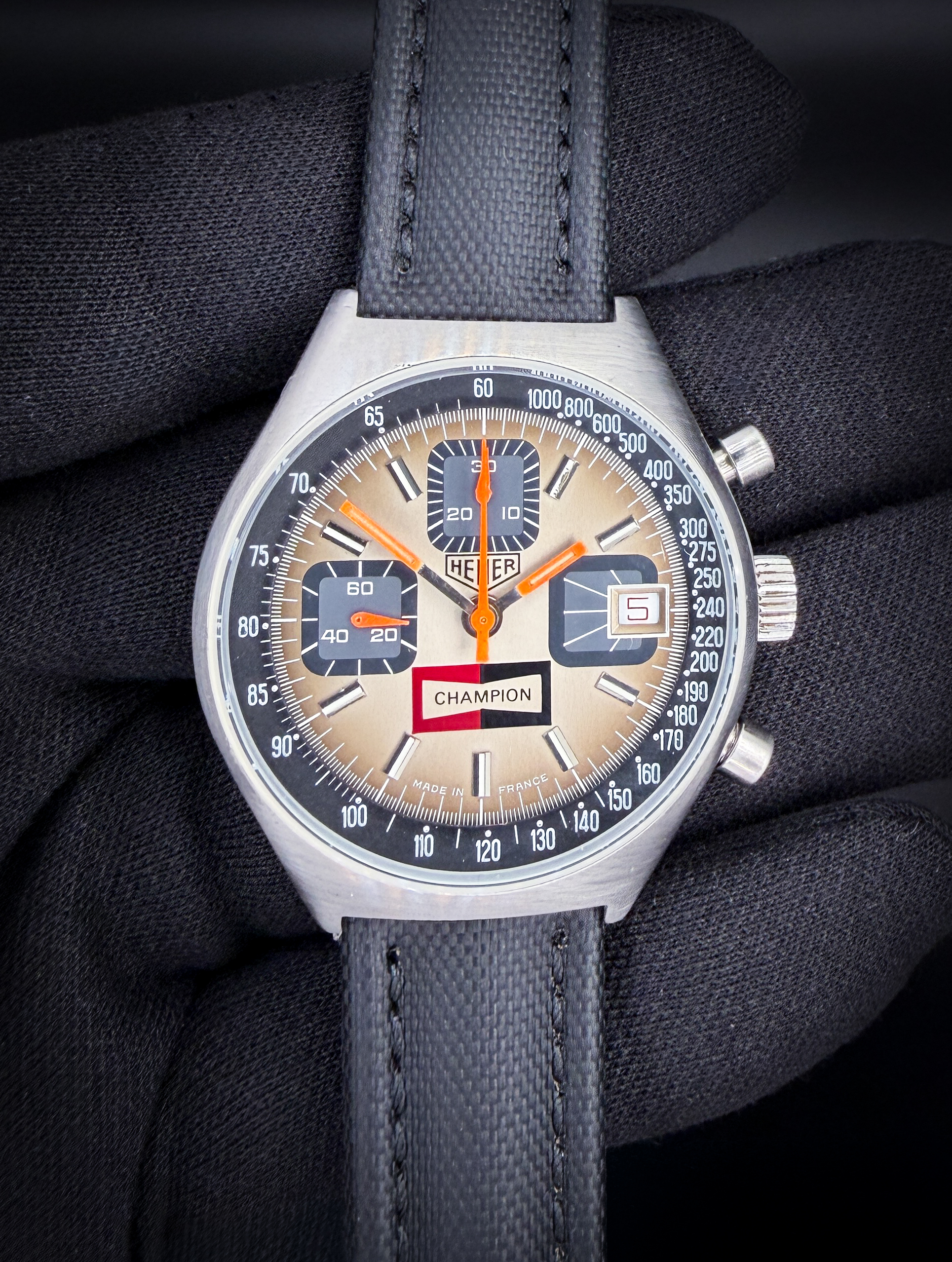 Rare circa 1978 Heuer Champion "Monnin" Chronograph 1614 in a 38mm tonneau case, powered by the "G. Monnin France" hallmarked Valjoux 7765 hand-wound movement. This Heuer was serviced in January 2026 and is ready to wear or to be added to a collection.  Accuracy: +/- 2SPD / 290 Amplitude / 0.0ms Beat Error