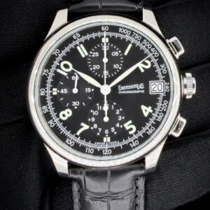 New Eberhard &  Co. Traversetolo Chronograph 3105.1 in a 43mm stainless steel case, featuring the ETA A07.211 automatic movement. This Eberhard includes: Outer Box, Leather Case, Eberhard Stainless Steel Bracelet, and Guarantee booklet with cards. The black leather strap is new, aftermarket, and will fit a 8.25 inch wrist. The new and original metal bracelet two (2) full and two (2) half-links currently installed and will fit an 7-inch wrist