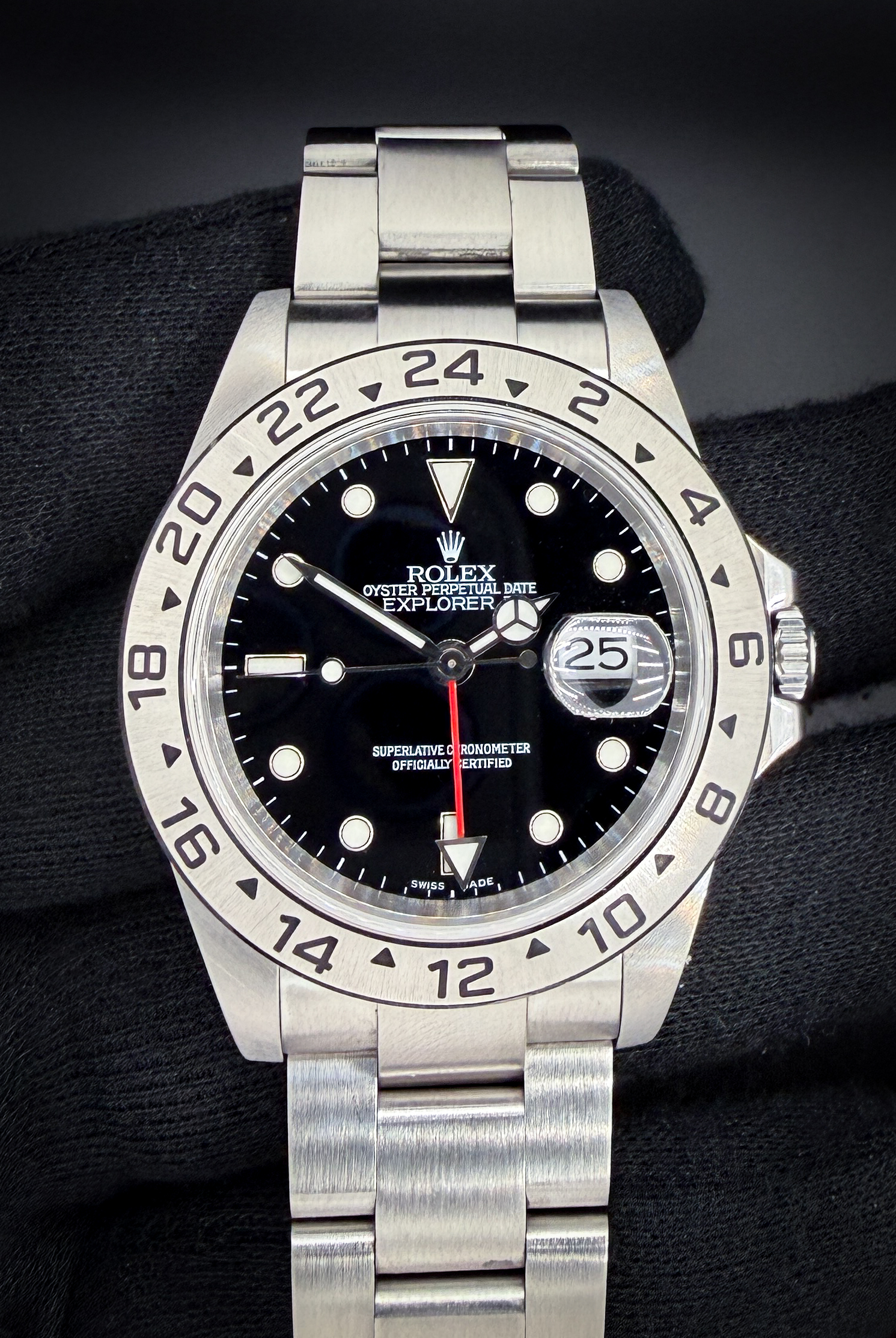 2005 Rolex Explorer II GMT 16570 in a 40mm stainless steel case, powered by the Rolex 3185 automatic movement. This Explorer has been tested in excellent working order and is ready for daily wear or to be added to a collection. Case Serial Number: D369XXX Accuracy Testing: +5 spd / 285 amplitude / 0.0ms beat error