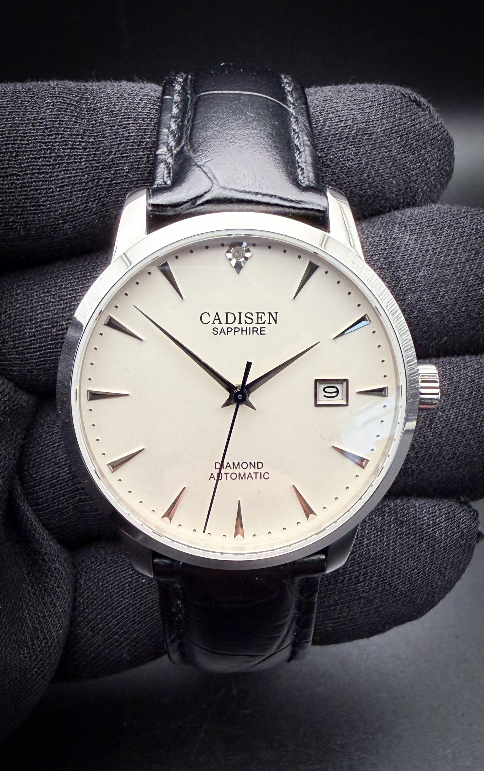 Cadisen C8097 in a 41mm stainless steel case, featuring a diamond-set dial, powered by the Miyota ultra-thin caliber 9015 automatic movement. This watch has been tested in wonderful working order and is ready for daily wear. Includes: original box; instruction booklet, and open warranty card. 