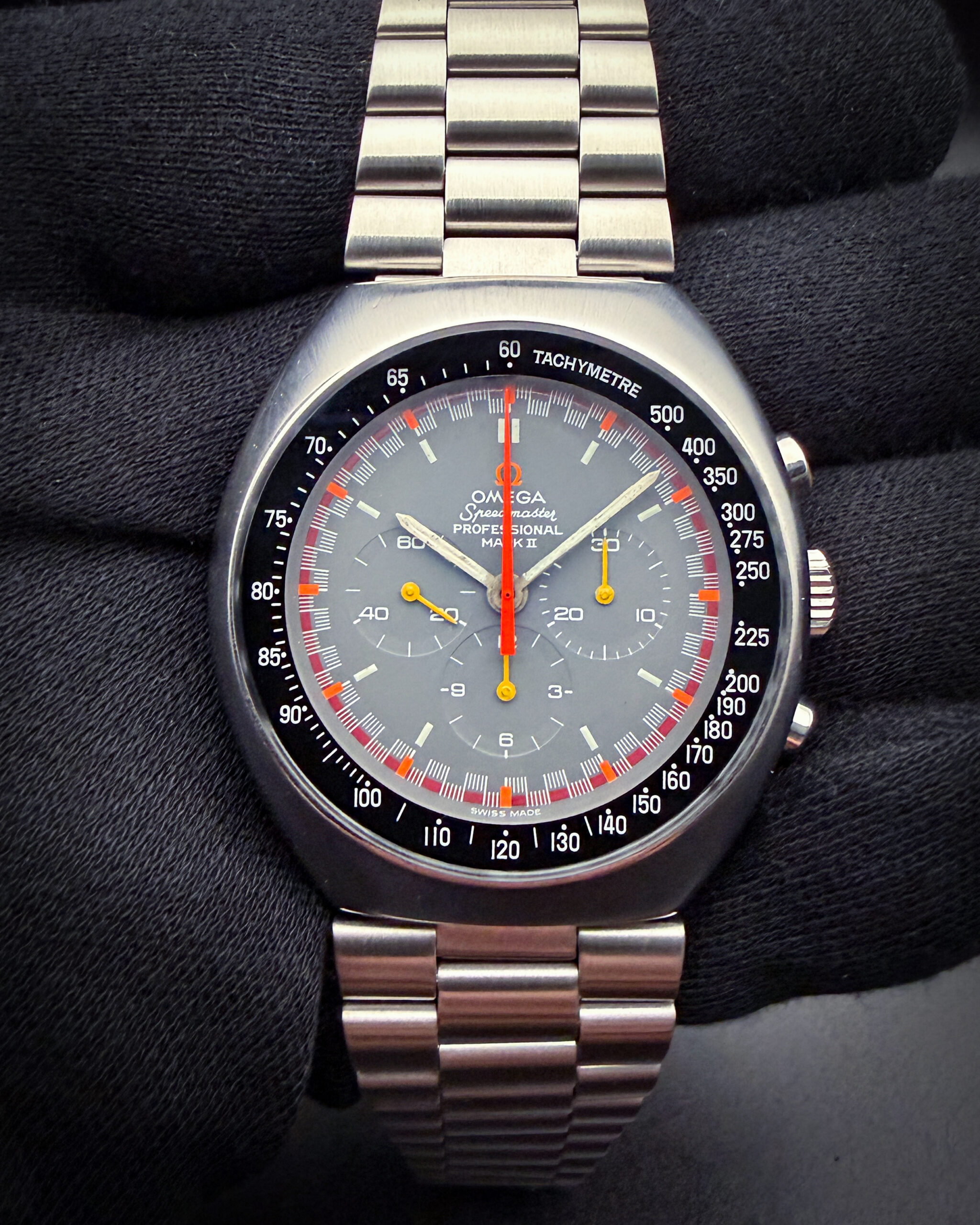 1973 Omega Speedmaster Mk. II Racing dial in a 42mm stainless steel case, powered by the Omega hand-wound caliber 861 chronograph. This Speedmaster has been tested in excellent working order and is ready for wear or to be added to a collection. Accuracy Testing: +1 SPD / 264 Amplitude / .1ms Beat Error Movement Serial Number: 32849XXX