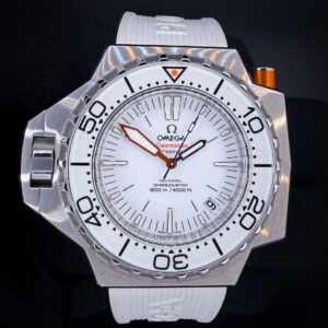 Omega Seamaster Professional PloProf 224.30.55.21.01.001 "Great White" in a 55x48mm stainless steel case, powered by the Omega Co-Axial caliber 8500. This Omega has been tested in excellent working order and is ready for wear or to be added to a collection. Includes a new Wrist Wraith Travel Case and the TLC Warranty & Authentication Card. This PloProf is paired with the original, bright-white Omega PloProf strap. Both sides are sized to a two (2) and will currently fit up to a 9.5 inch wrist before sizing.