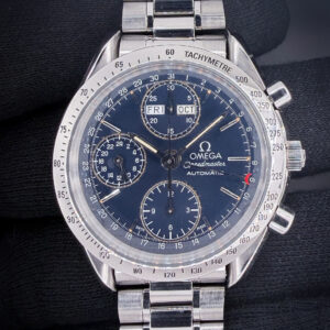 1995 Omega Speedmaster Triple Calendar Day-Date 3521.80.00, in a 39mm stainless steel case, powered by the Omega 1150 automatic movement. Includes: white Omega outer box; inner case; and Warranty Card (dated '95.3.27) Accuracy Testing: +1 SPD / 271 Amplitude / .0ms Beat Error Case Serial Number: 54758XXX