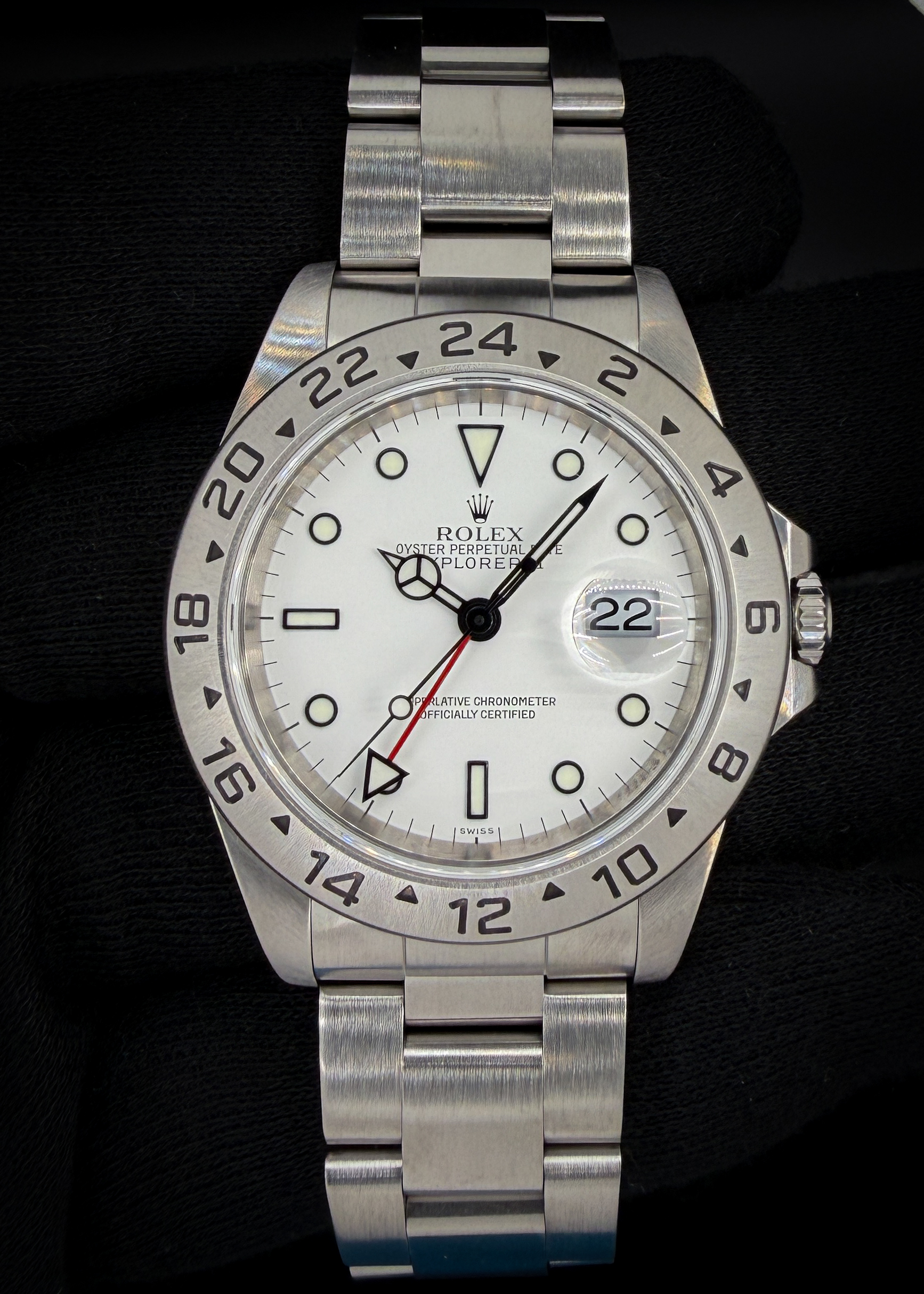 1999 Rolex Explorer II Polar "Swiss Only" Dial 16570 in a 40mm stainless steel case, powered by the Rolex 3185 automatic movement. This Explorer has been tested in excellent working order and is ready for daily wear or to be added to a collection. This Explorer was Serviced in October, 2026.  Case Serial Number: A544XXX Accuracy Testing: +2 spd / 295 amplitude / 0.0ms beat error